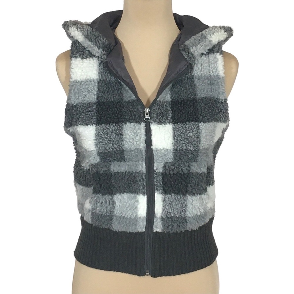 Fuzzy Gray & White Checkered Hooded Vest, Medium Juniors